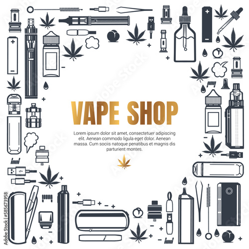 Vape shop square frame for product design. Cigarettes, liquid vaporizers, marijuana leaf. Vector isolated on white background.