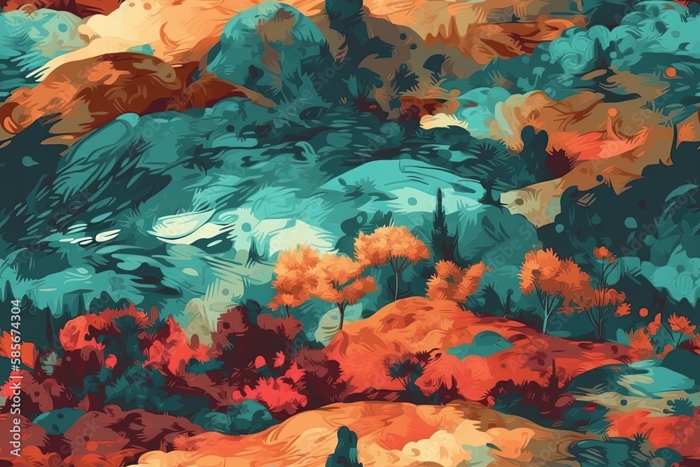 majestic mountain landscape with trees in the foreground. Generative AI