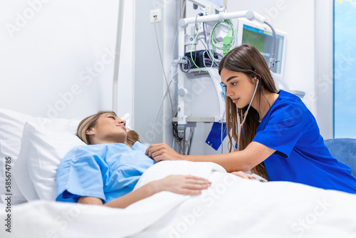Healthcare concept of professional doctor consulting and comforting patient in hospital bed or counsel diagnosis health. Medical doctor or nurse holding patient's hands and comforting her