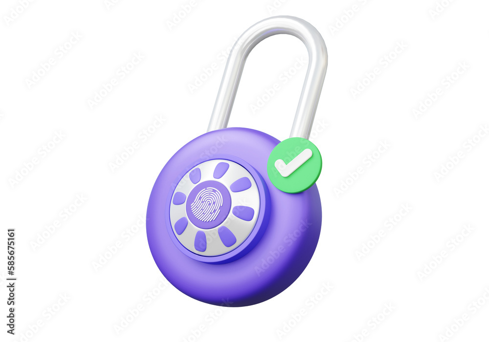 Unlock access account identity touch id privacy password secure personal data information. checkmark fingerprint padlock on isolated background. lock cyber security protection concept. 3d render Unlock access account identity touch id privacy password secure personal data information. checkmark fingerprint padlock on isolated background. lock cyber security protection concept. 3d render