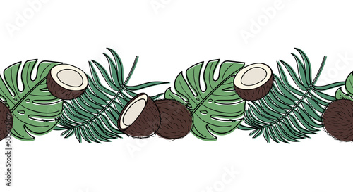 Horizontal seamless summer pattern with tropical leaves and coconuts in doodle style. Coconut pattern with leaves. Vector image.