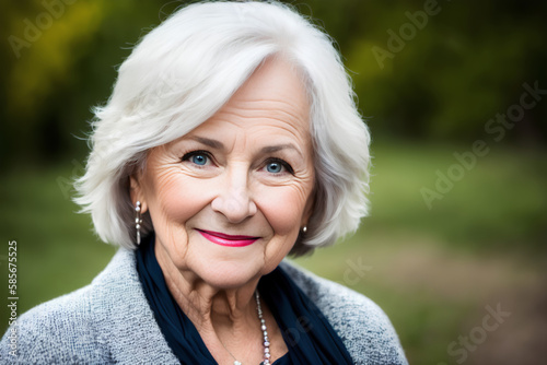 Picture of smiling woman wearing formal clothes. Blurred background. Generative AI.