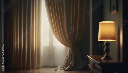 Window behind a curtain. Curtains with drapery. Abstract background luxury cloth or liquid wave or wavy folds of grunge silk texture satin velvet material. Generative AI technology.