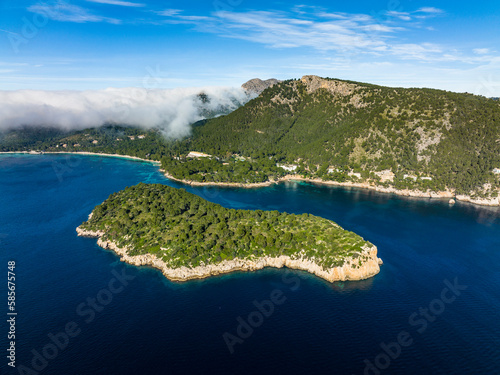 Spain, Balearic Islands, Port de Pollenca, Aerial view of Illa del Geret islet and surrounding landscape photo