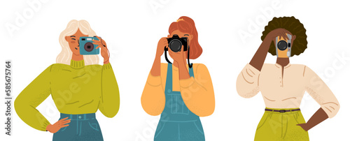 Vector set of professional female photographers. Hand drawn characters isolated on white background. Collection of creative women holding cameras and taking photos. People photographing