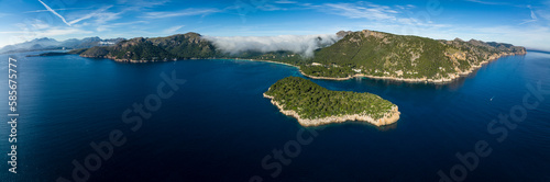 Spain, Balearic Islands, Port de Pollenca, Aerial panorama of Mediterranean coastline photo