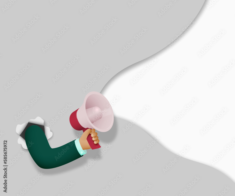 A hand holds a megaphone loudspeaker from a hole in the wall. Vector 3d illustration.