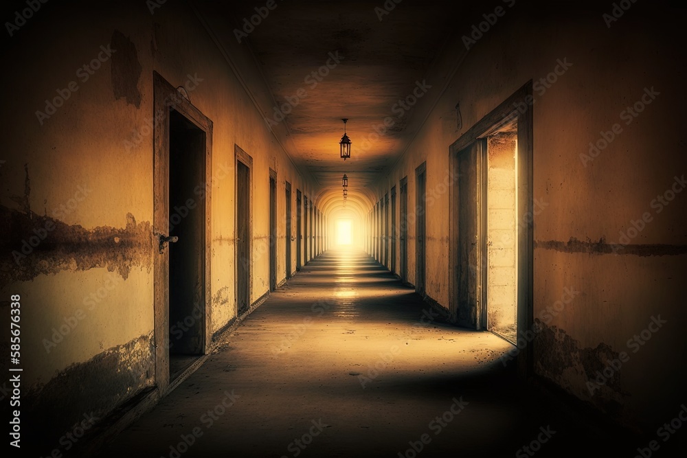 A long corridor in the old prison. A gloomy interior with shabby walls. A dilapidated, abandoned building, a dreadful, hopeless backdrop. AI generated A long corridor in the old prison. A gloomy interior with shabby walls. A dilapidated, abandoned building, a dreadful, hopeless backdrop. AI generated