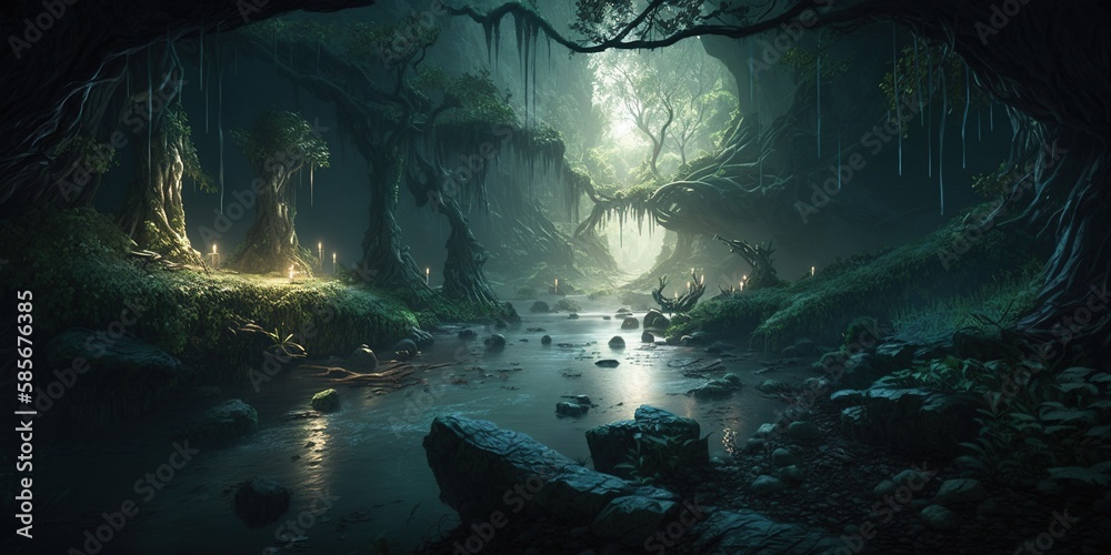 A fantastic mystical landscape of the elven gorge. Grim mountains, trees, and a stream. A magical place in the middle of the forest illuminated by magical lanterns, fireflies. AI generated.
