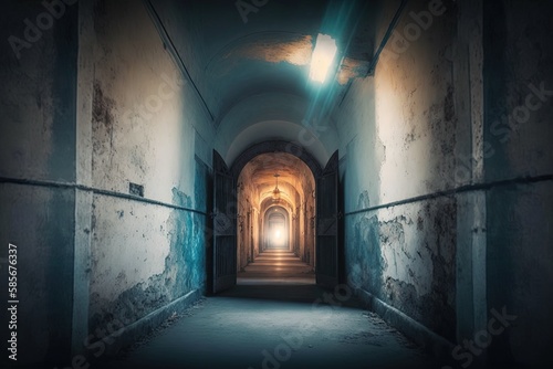A long corridor in the old prison. A gloomy interior with shabby walls. A dilapidated  abandoned building  a dreadful  hopeless backdrop. AI generated