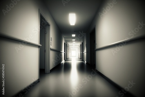 The long corridor of the hospital. Modern interior blurred background. AI generated.