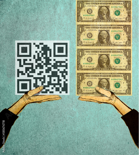 Hands holding QR code and stack of Dollars photo