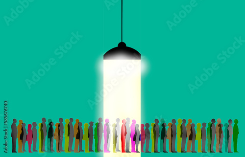 Business people waiting in employment line under illuminated light