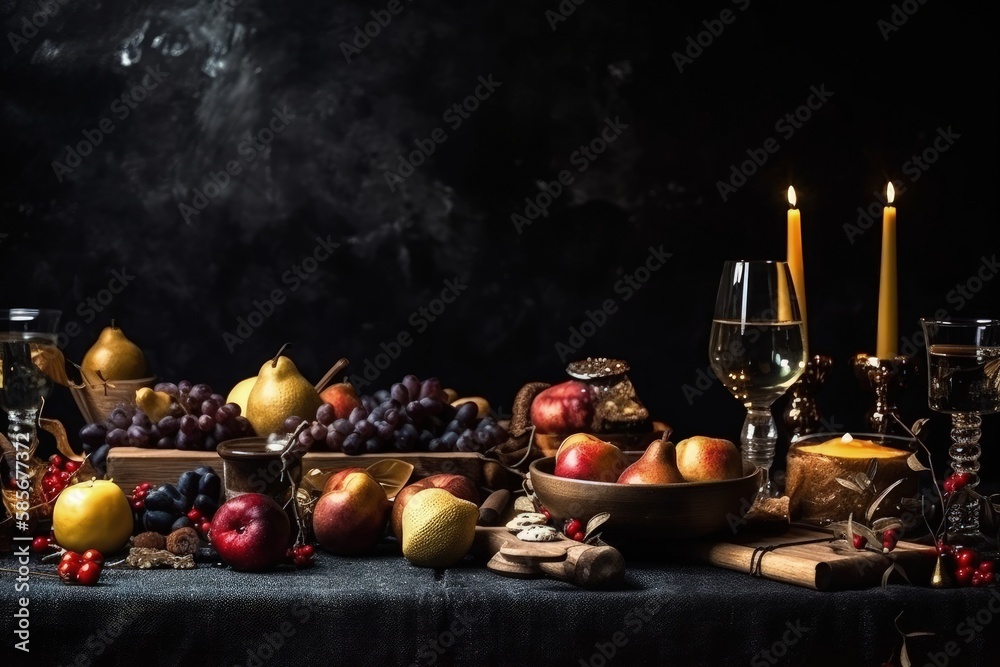 table centerpiece with fruit and candles. Generative AI table centerpiece with fruit and candles. Generative AI