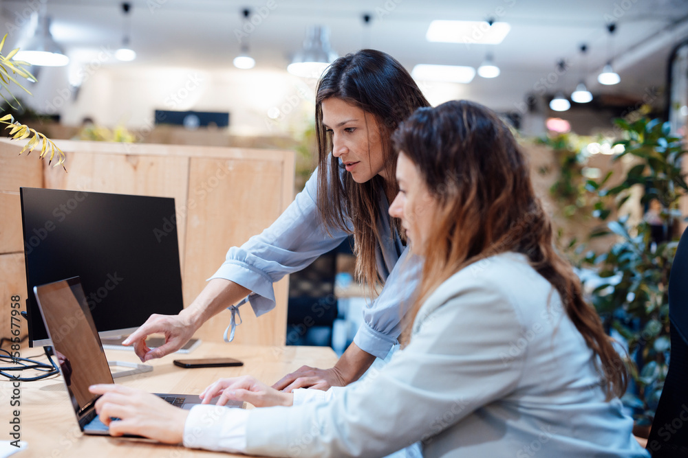 Businesswoman with colleague discussing over laptop in office