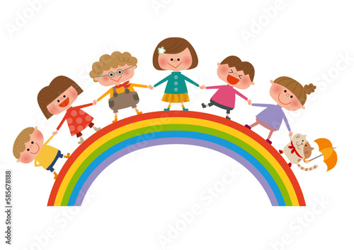 虹と手をつなぐ子どもたち