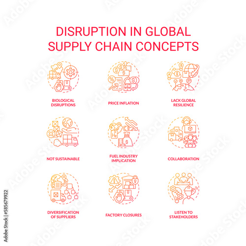Disruption in global supply chain red gradient concept icons set. International logistics idea thin line color illustrations. Isolated symbols. Roboto-Medium  Myriad Pro-Bold fonts used
