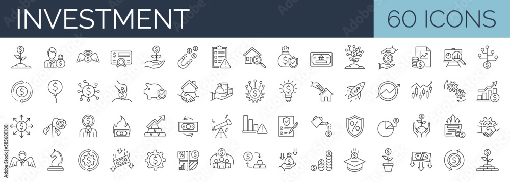 Set of 60 line icons related to investment, investor, risk management, economy, financial gain, money, coins symbols. Outline icon collection. Editable stroke. Vector illustration Set of 60 line icons related to investment, investor, risk management, economy, financial gain, money, coins symbols. Outline icon collection. Editable stroke. Vector illustration