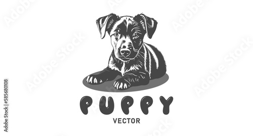 Vector monochrome lying cute kind friendly little pooch puppy. Logo, sticker or icon on a white isolated background.