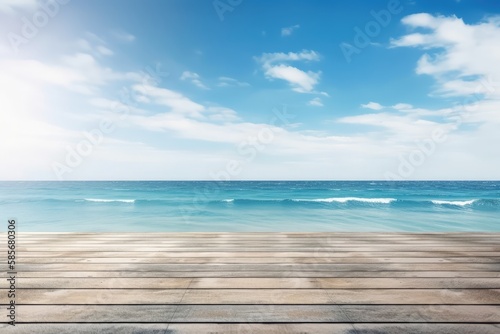 wooden deck overlooking the vast ocean. Generative AI