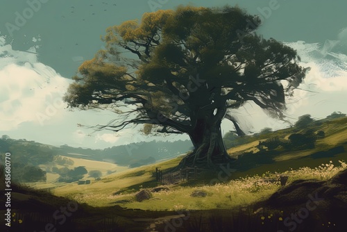 majestic tree standing on a hill with a beautiful sky in the background. Generative AI