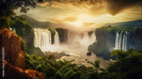 Stunning Brazilian landscape featuring golden hour falls, river, and mountains. AI GENERATED.