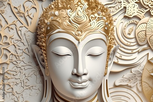 serene white Buddha statue seated peacefully in front of a textured wall. Generative AI