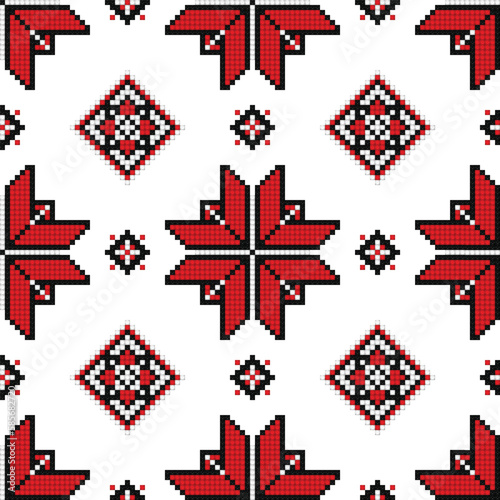 Cross-Stitch EmbroideriedSeamless Pattern with Ornate Element. Ethnic Motif, Handmade Stylization. Traditional Ukrainian Red and Black Embroidery. Ethnic Design Element. Vector 3d Illustration