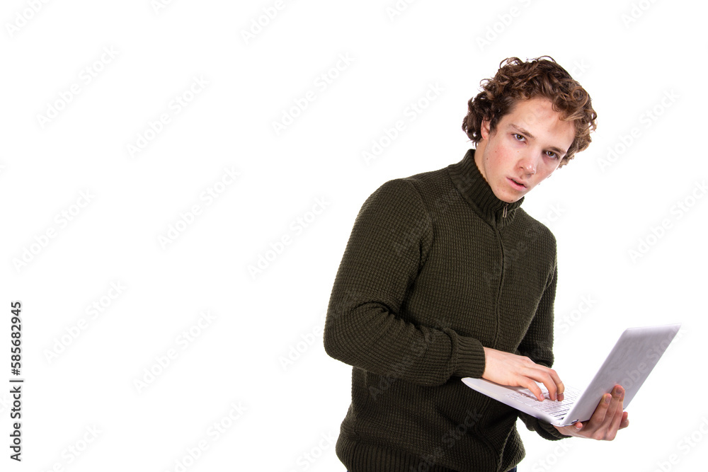 Young attractive guy with a laptop. White background.
