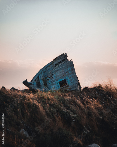 Ship wreck in a field during sunset at Kalochori Greece photo