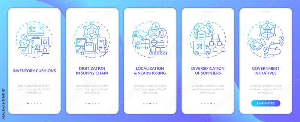 Key supply chain strategy blue gradient onboarding mobile app screen. Business walkthrough 5 steps graphic instructions with linear concepts. UI, UX, GUI template. Myriad Pro-Bold, Regular fonts used
