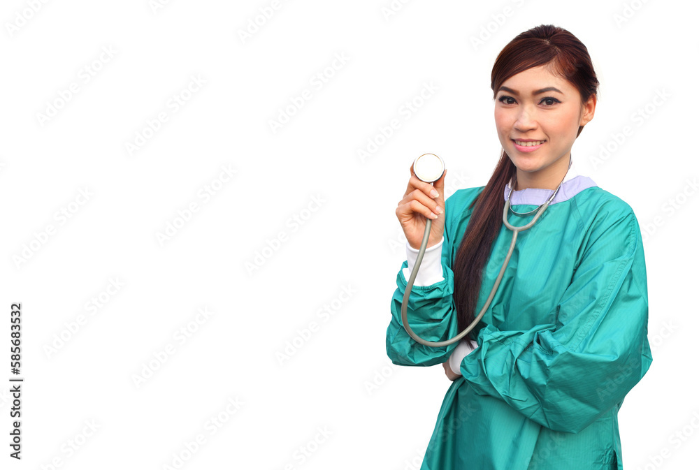 female doctor wearing a green scrubs and stethoscope on transparent ...