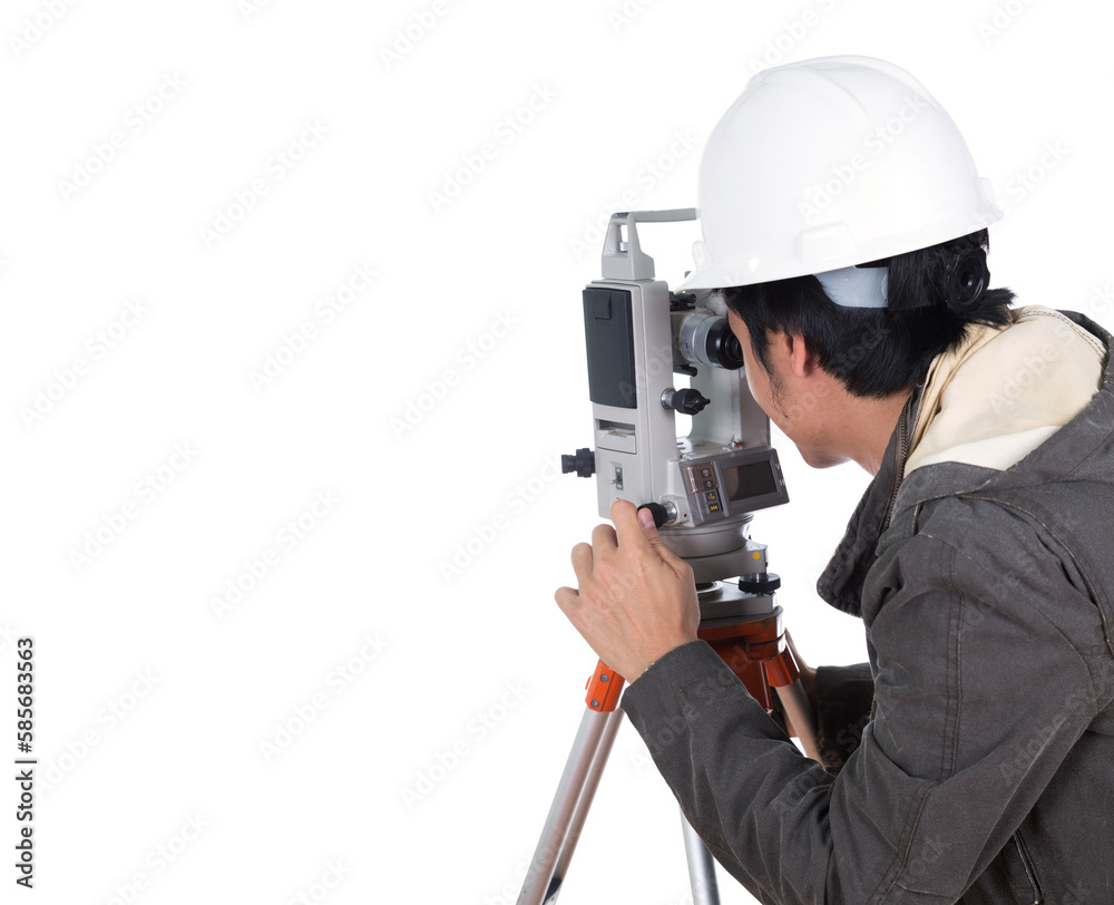 engineer working with survey equipment theodolite on a tripod. on transparent background png file