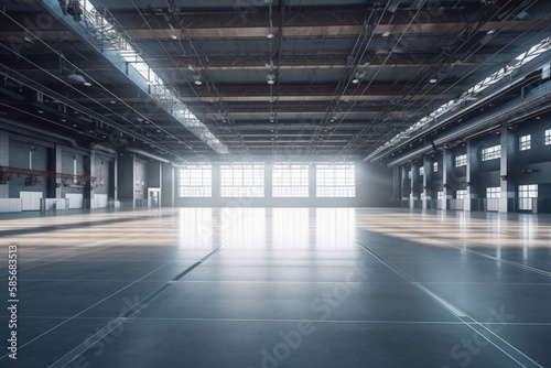 an Empty Warehouse with Abundant Natural Light Coming Through Multiple Windows. Generative AI