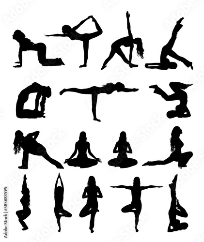 set of sihouette woman doing yoga exercise on transparent background png file