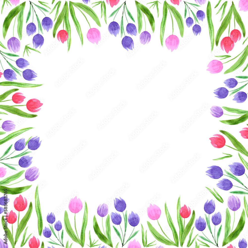 Abstract flowers boarder frame. Hand drawn watercolor tulip, poppy, rose, hyacinth, daisy isolated on white background. Can be used for wrapping, patterns, textile. Abstract flowers boarder frame. Hand drawn watercolor tulip, poppy, rose, hyacinth, daisy isolated on white background. Can be used for wrapping, patterns, textile.