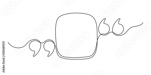 Quote continuous line in square speech bubble with commas, quotation mark in talk, single drawing. Quote mark, freehand one line hand drawn style. Vector