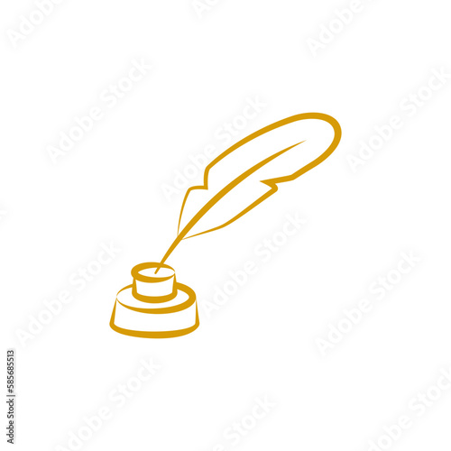 Gold quill feather pen with inkwell.