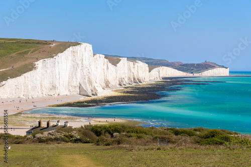 Seven Sisters white chalk cliffs, from the coastguard cottages in Cuckmere Haven near Seaford. South Downs, East Sussex, England, UK © Roberto