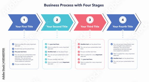Business process infographic with four colorful stages. Flat presentation template with four arrows and place for your content. photo