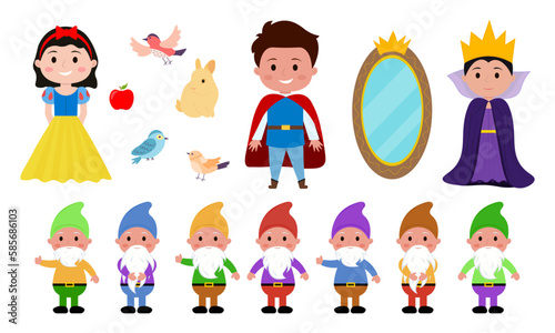 Photo Fairy tale character set princess snow white, prince, evil queen and seven dwarfs