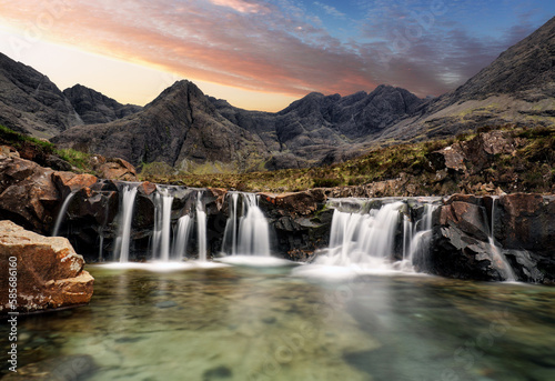 Waterfall at sunset in Scotland  Fairy pools