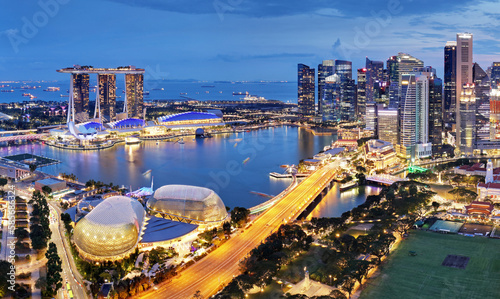 Aerial view of Singapore business district and city at twilight in Singapore  Asia