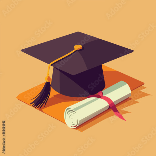 Graduation cap and diploma. Concept for happy graduation poster or card template design. Flat vector illustration
