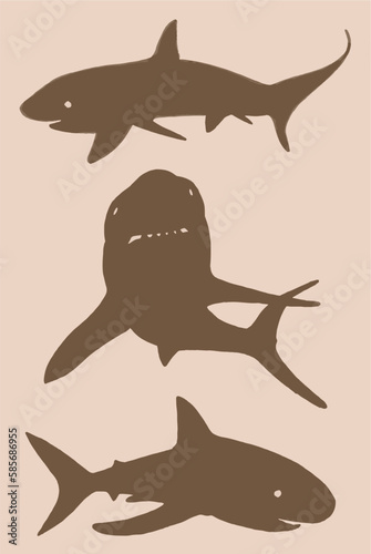 Graphical vintage  set of sharks silhouetteson sepia background, vector illustration photo