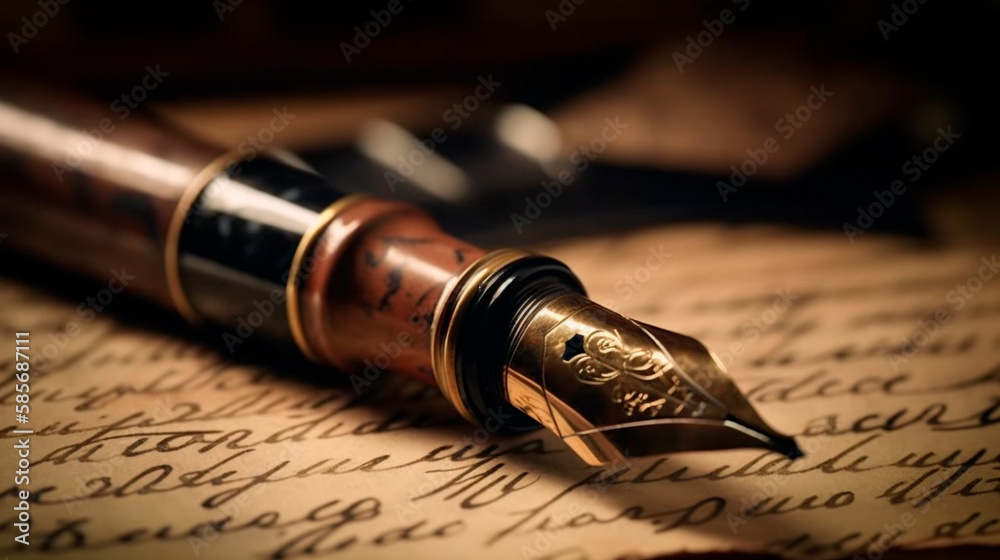 Fountain pen on an antique handwritten letter. Vintage nib pen and ...