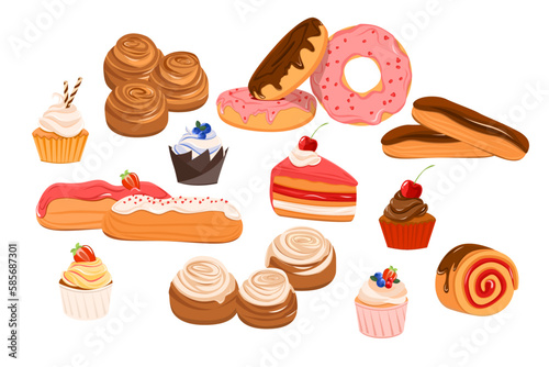 Set of sweet confectionery products. Cinnabon, donuts, eclairs, cupcakes, cake, rolls. Vector illustration