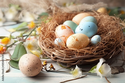 bird nest with eggs on a wooden table. Generative AI