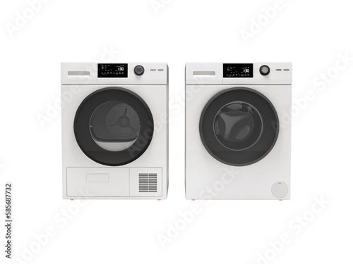 3d illustration washing machine machine and clothes dryer front view on white background no shadow