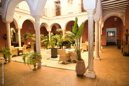 Beautiful interior courtyard with columns and plants of the reception of a luxurious hotel. Travel concept, rooms, buildings, interior design.